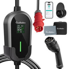Coolladen 11kW Tragbares EV Ladegerät Typ 2 (16A, 3-Phasig) – Smart App Steuerung, Typ B FI-Schutz (AC 30mA + DC 6mA), IP65 Mobile Wallbox mit CEE Stecker & Wandhalterung