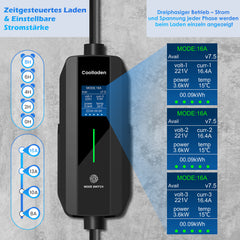 Coolladen 11kW mobiles Typ 2 EV-Ladegerät, 16A dreiphasig, IP55 wasserdichte mobile Wallbox mit Wandhalterung für BEV & PHEV