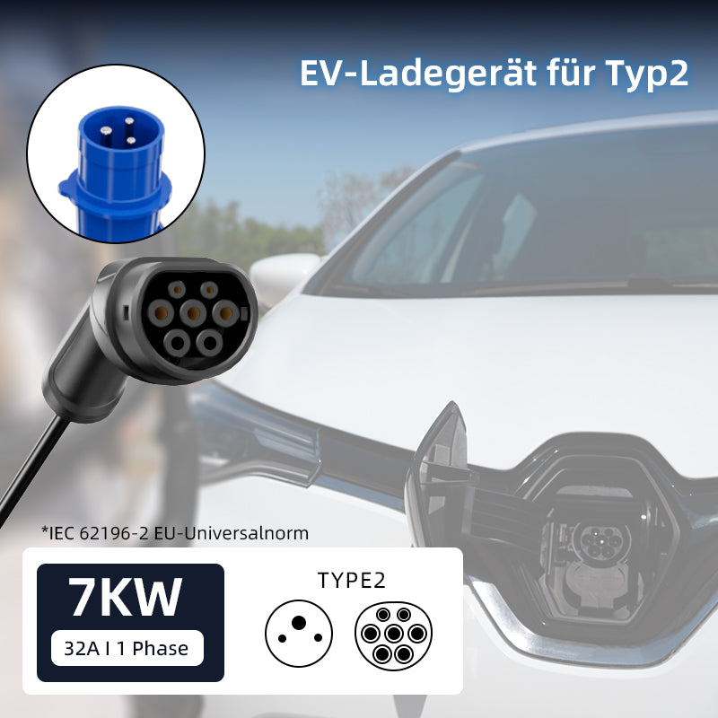 Colladen 7KW tragbares EV-Ladegerät 1 Phase 32A Typ 2 Ladegerät für Elektrofahrzeuge, 8-Stunden-Ladeplan, Ladestation mit einstellbarem Strom und CEE-Stecker