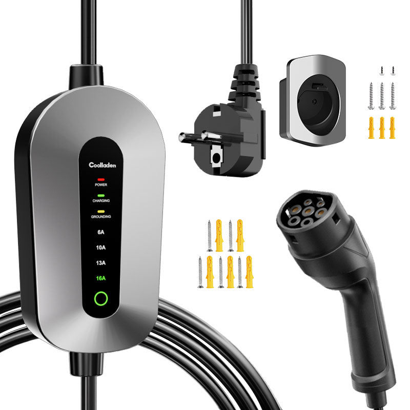 Coolladen Typ 2 Ladekabel Schuko 3,68kW[1-phasig, 6-16A], Tragbares EV-Ladekabel, EV Ladegerät für 3008/508, C5X, DS7, GLA, Q3, X3, ZOE, ID.3, ID.4 und Anderen PHEV/EV