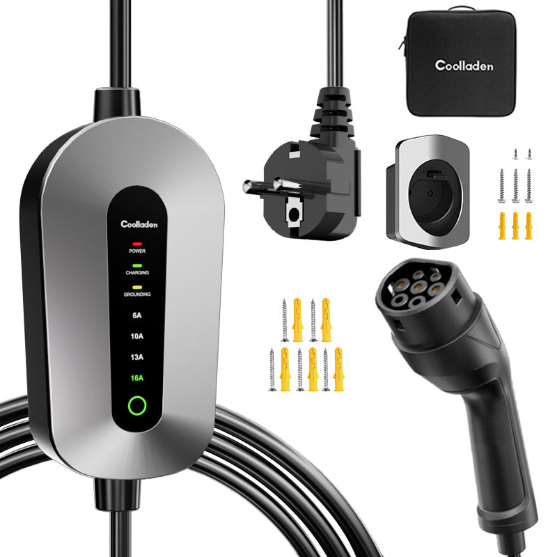 Coolladen Typ 2 Ladekabel Schuko 3,68kW[1-phasig, 6-16A], Tragbares EV-Ladekabel, EV Ladegerät für 3008/508, C5X, DS7, GLA, Q3, X3, ZOE, ID.3, ID.4 und Anderen PHEV/EV