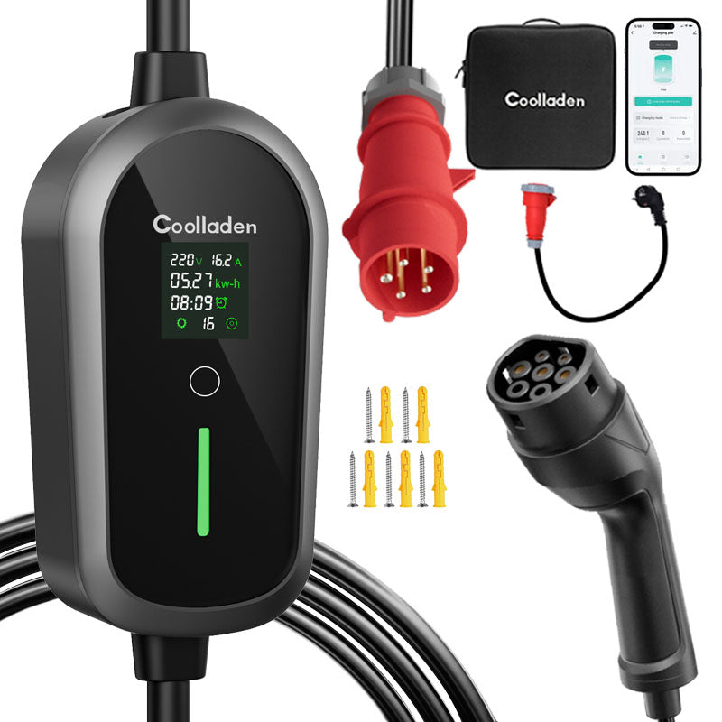 Coolladen Mobile Wallbox 11kW  mit APP Wlan & Bluetooth Ladekabel CEE 16A auf Typ 2 mit Einstellbarer Ladeleistung für Elektroauto, EV Ladegerät für 3008/508, C5X, DS7, GLA, Q3, X3, ZOE, ID.3, ID.4 und Anderen PHEV/EV
