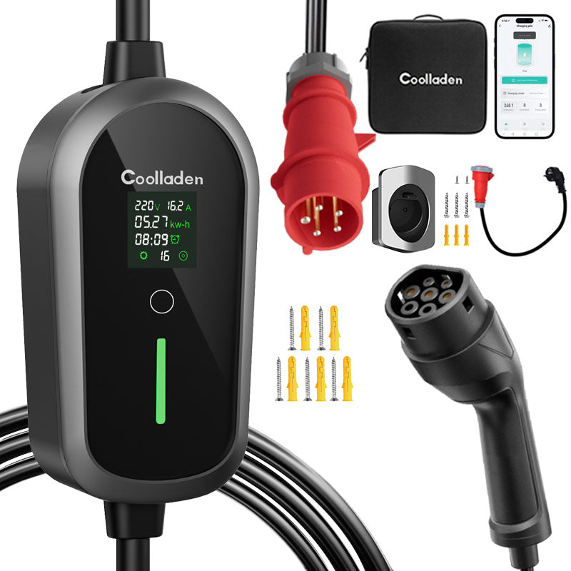 Coolladen Mobile Wallbox 11kW  mit APP Wlan & Bluetooth Ladekabel CEE 16A auf Typ 2 mit Einstellbarer Ladeleistung für Elektroauto, EV Ladegerät für 3008/508, C5X, DS7, GLA, Q3, X3, ZOE, ID.3, ID.4 und Anderen PHEV/EV