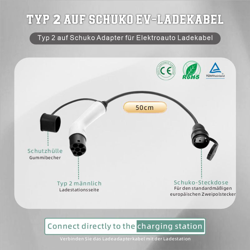 Adapter Typ 2 auf Schuko Elektroauto Ladestecker, 16A, 0,5/4M. Einfaches Laden an Ladestationen/Wallboxen, Nutzung von 230V Ladegeräten für E-Bike, E-Scooter, Motorrad, IP55