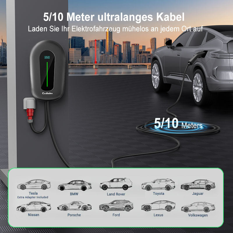 Coolladen 22kW Wallbox Smart App Typ2 EV-Ladegerät 400V 32A, Einstellbarer Strom Heim EV Ladestation für Elektrofahrzeuge EVSE