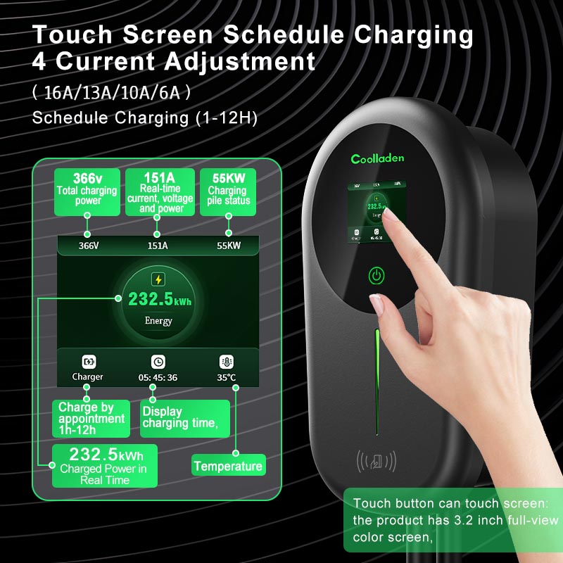 Coolladen EV Ladegerät Smart APP Mit 32A Typ 2 11kW Heim Ladestation ,Wallbox 5/10m Ladekabel Mit Ladegerätehalter App-Steuerung CEE 3-Phasen Stecker Für Alle EVs Und PHEVs