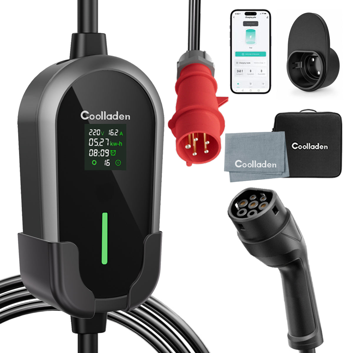 Coolladen 11kW Tragbares EV Ladegerät Typ 2 (16A, 3-Phasig) – Smart App Steuerung, Typ B FI-Schutz (AC 30mA + DC 6mA), IP65 Mobile Wallbox mit CEE Stecker & Wandhalterung
