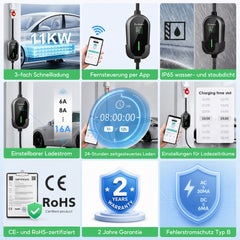 Coolladen 11kW Tragbares EV Ladegerät Typ 2 (16A, 3-Phasig) – Smart App Steuerung, Typ B FI-Schutz (AC 30mA + DC 6mA), IP65 Mobile Wallbox mit CEE Stecker & Wandhalterung