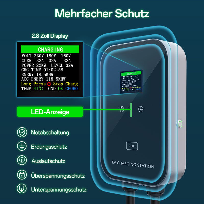 EV Ladegerät Smart 11~22kW Heim Ladestation,Wallbox 5m Ladekabel mit Ladegerätehalter, CEE 3-Phasen Stecker für Alle EVs und PHEVs