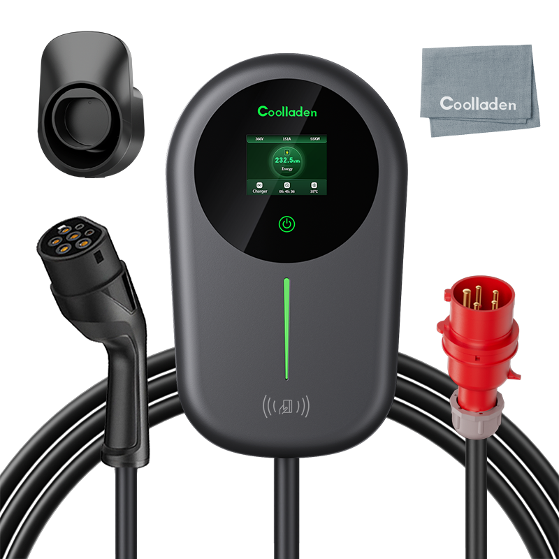 Coolladen EV Ladegerät Smart APP Mit 32A Typ 2 11kW Heim Ladestation ,Wallbox 5/10m Ladekabel Mit Ladegerätehalter App-Steuerung CEE 3-Phasen Stecker Für Alle EVs Und PHEVs