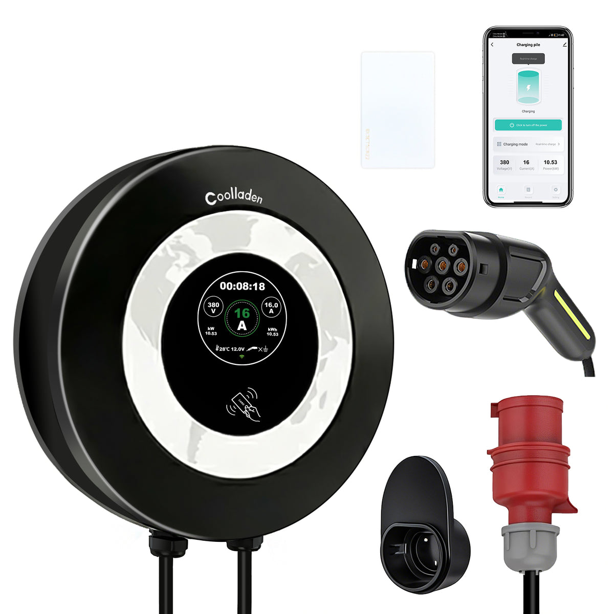 Coolladen Wallbox 11 kW App Steuerung & RFID, Typ 2 auf CEE 16 A 3-phasiges EV Ladegerät, erweiterter AC+DC Fehlerstromschutz (RCD Typ B)