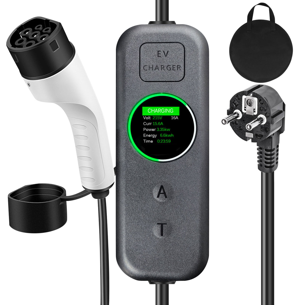 Coolladen 3.5kW Mobiles EV Ladegerät | 16A Schuko auf Typ 2 Mobile Wallbox | Einstellbare Stromstärke | Präzise 1-12Std. Ladezeitsteuerung & Zeitverzögerung