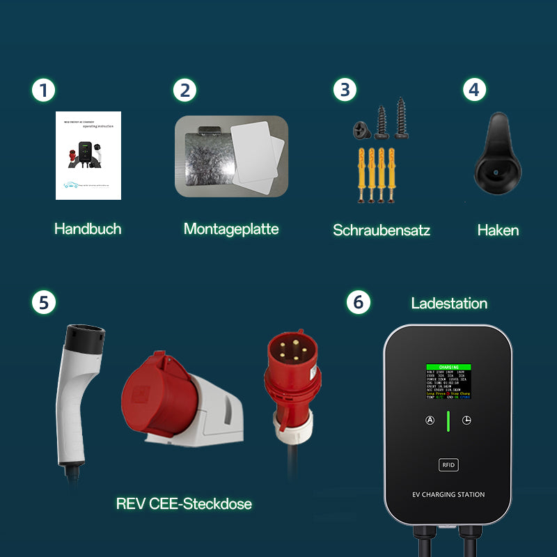 EV Ladegerät Smart 11~22kW Heim Ladestation,Wallbox 5m Ladekabel mit Ladegerätehalter, CEE 3-Phasen Stecker für Alle EVs und PHEVs