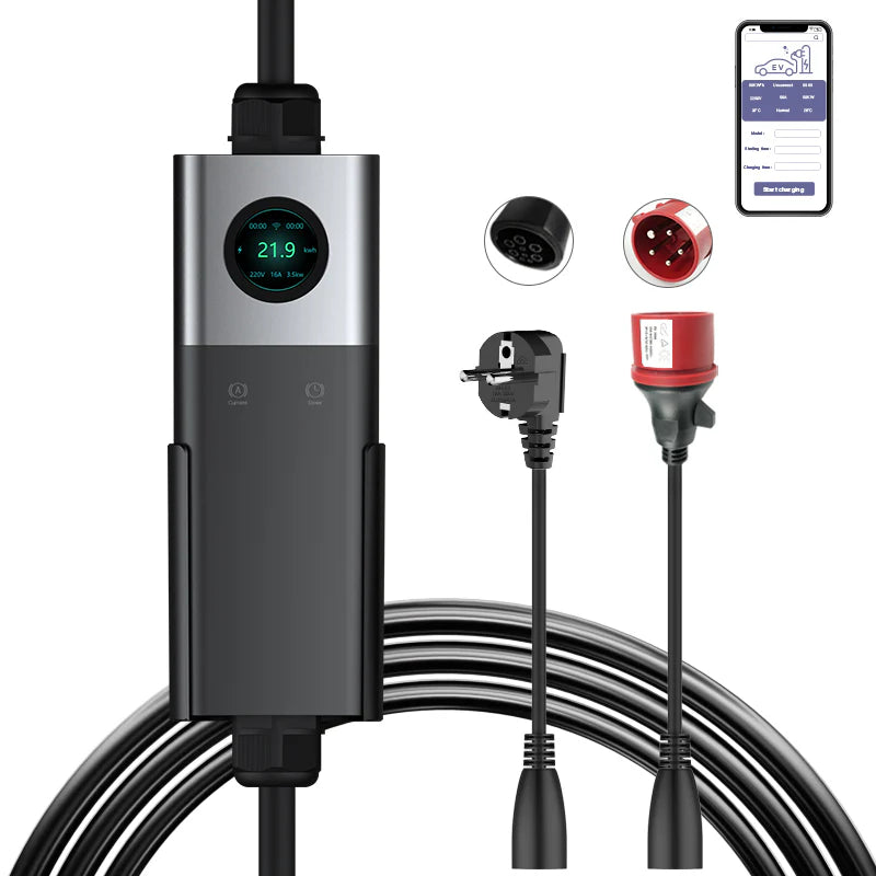 Coolladen Traveller-Set,Mobile Wallbox WiFi mit APP, Aufladen bis zu 22kW, EV Ladegerät Typ 2, 5M Kabel, Touchscreen Display, Einstellbare Stromgröße mit Schuko 16A/CEE 32A Rot/CEE 16A Rot/CEE 32A Blau/Typ 2 Socket