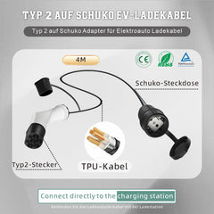 Adapter Typ 2 auf Schuko Elektroauto Ladestecker, 16A, 0,5/4M. Einfaches Laden an Ladestationen/Wallboxen, Nutzung von 230V Ladegeräten für E-Bike, E-Scooter, Motorrad, IP55