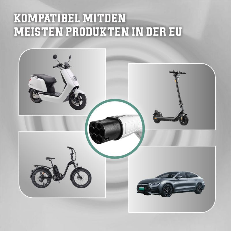 Adapter Typ 2 auf Schuko Elektroauto Ladestecker, 16A, 0,5/4M. Einfaches Laden an Ladestationen/Wallboxen, Nutzung von 230V Ladegeräten für E-Bike, E-Scooter, Motorrad, IP55