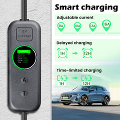 Coolladen 3.5kW Mobiles EV Ladegerät | 16A Schuko auf Typ 2 Mobile Wallbox | Einstellbare Stromstärke | Präzise 1-12Std. Ladezeitsteuerung & Zeitverzögerung