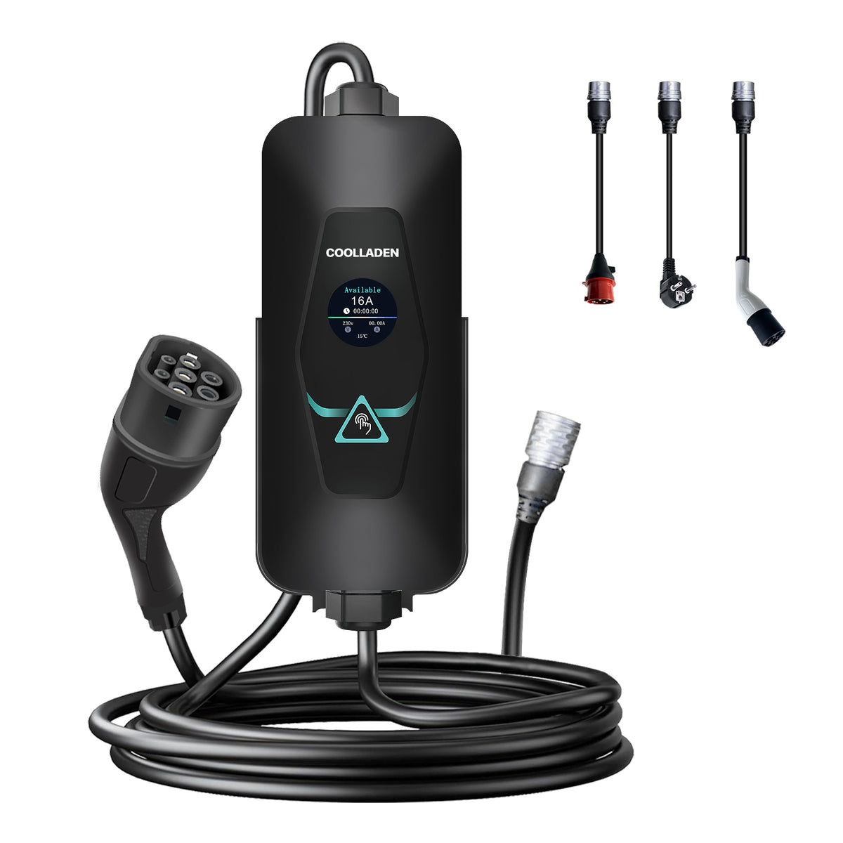 Coolladen 11kW Tragbares EV Ladekabel Typ 2 mit Adapter zur Stromentnahme an Ladesäulen – Smart App Steuerung, Wechselbare CEE & Schuko Stecker, 3-Phasige Mobile Wallbox