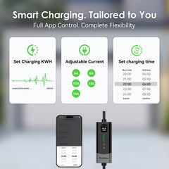 Coolladen 11kW Mobiles EV Ladegerät mit App & KWH-Ladebegrenzung | 16A CEE auf Typ 2 Ladekabel | Typ B RCD
