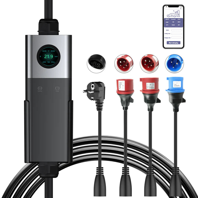 Coolladen Traveller-Set,Mobile Wallbox WiFi mit APP, Aufladen bis zu 22kW, EV Ladegerät Typ 2, 5M Kabel, Touchscreen Display, Einstellbare Stromgröße mit Schuko 16A/CEE 32A Rot/CEE 16A Rot/CEE 32A Blau/Typ 2 Socket