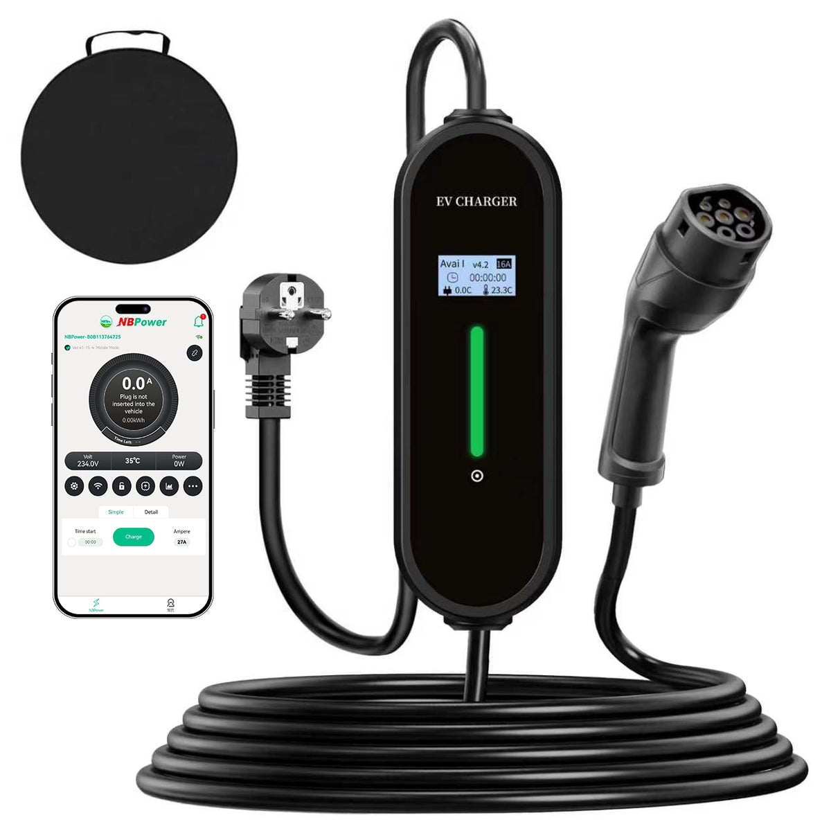 Coolladen 3,6kW Mobiles EV Ladegerät | Typ 2 auf Schuko | 16A Einstellbar | 1-12h Timer