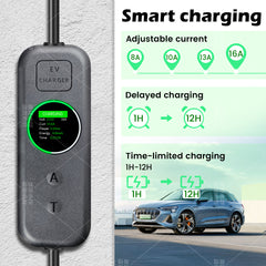 Coolladen 3.5kW Mobiles EV Ladegerät | 16A Schuko auf Typ 2 Mobile Wallbox | Einstellbare Stromstärke | Präzise 1-12Std. Ladezeitsteuerung & Zeitverzögerung