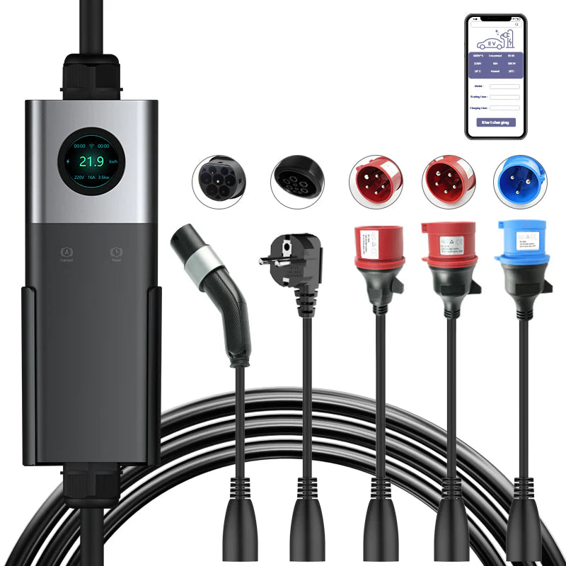 Coolladen Traveller-Set,Mobile Wallbox WiFi mit APP, Aufladen bis zu 22kW, EV Ladegerät Typ 2, 5M Kabel, Touchscreen Display, Einstellbare Stromgröße mit Schuko 16A/CEE 32A Rot/CEE 16A Rot/CEE 32A Blau