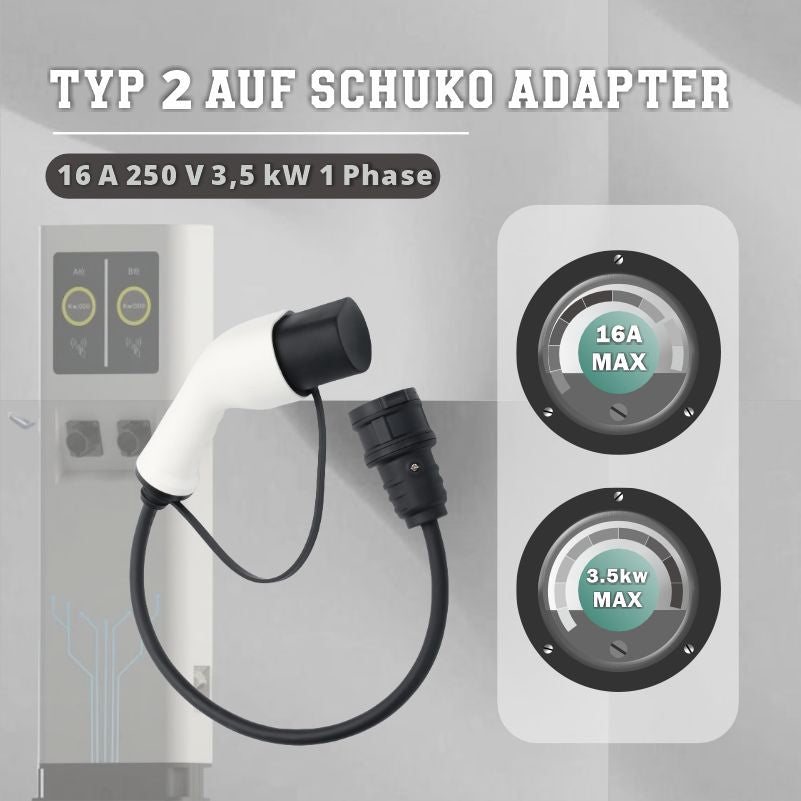 Adapter Typ 2 auf Schuko Elektroauto Ladestecker, 16A, 0,5/4M. Einfaches Laden an Ladestationen/Wallboxen, Nutzung von 230V Ladegeräten für E-Bike, E-Scooter, Motorrad, IP55