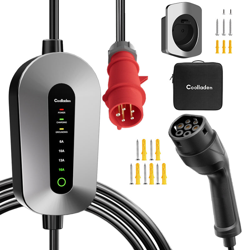 Coolladen Mobile Wallbox 11kW [3-Phasig 6-16A] Typ 2 Ladekabel CEE 16A auf Typ 2 mit Einstellbarer Ladeleistung für Elektroauto, EV Ladegerät für 3008/508, C5X, DS7, GLA, Q3, X3, ZOE, ID.3, ID.4 und Anderen PHEV/EV