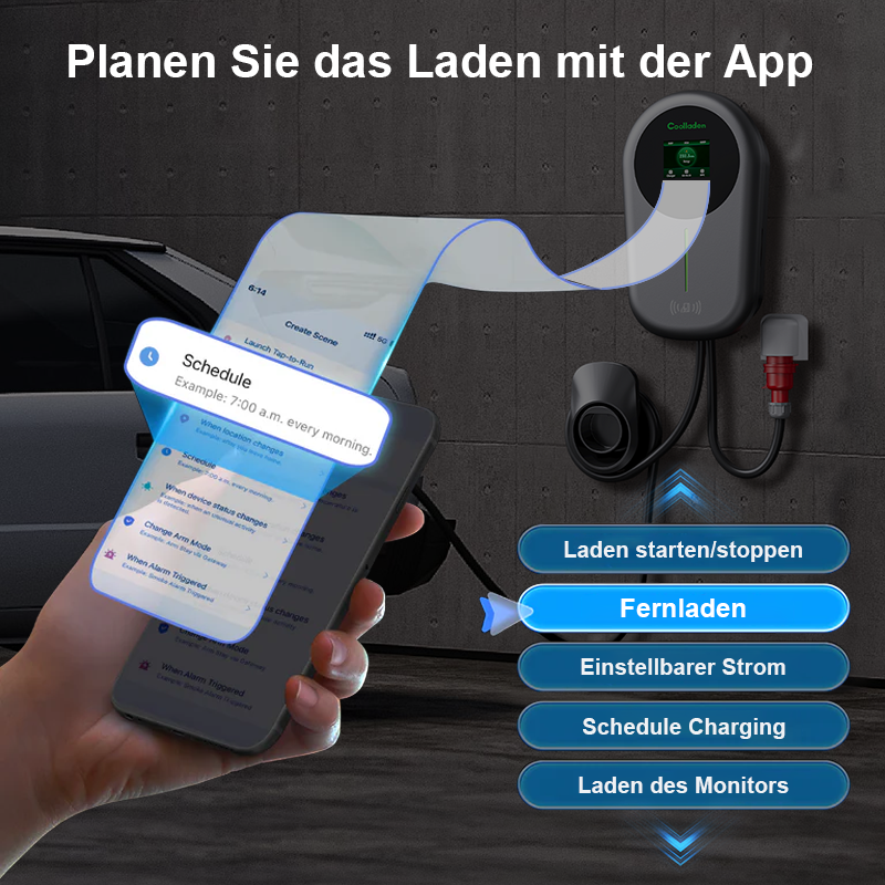 Coolladen EV Ladegerät Smart APP mit 32A Typ 2 22kW Heim Ladestation ,Wallbox 5/10m Ladekabel mit Ladegerätehalter App-Steuerung CEE 3-Phasen Stecker für Alle EVs und PHEVs