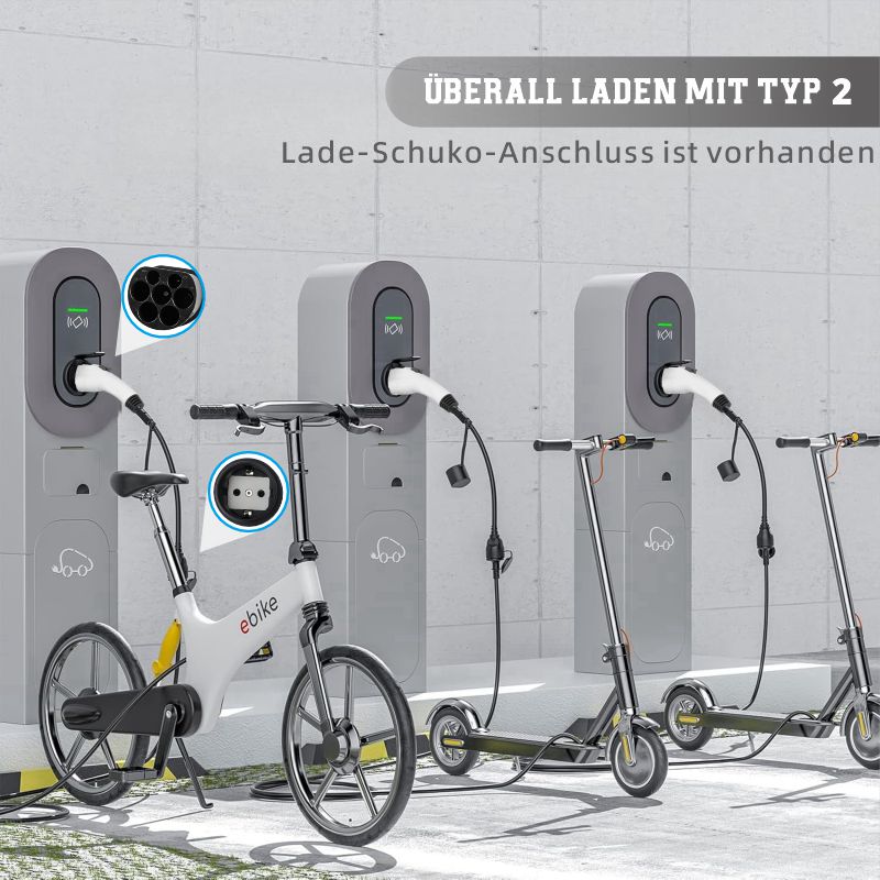 Adapter Typ 2 auf Schuko Elektroauto Ladestecker, 16A, 0,5/4M. Einfaches Laden an Ladestationen/Wallboxen, Nutzung von 230V Ladegeräten für E-Bike, E-Scooter, Motorrad, IP55