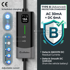 Coolladen 11kW Mobiles EV Ladegerät mit App & KWH-Ladebegrenzung | 16A CEE auf Typ 2 Ladekabel | Typ B RCD