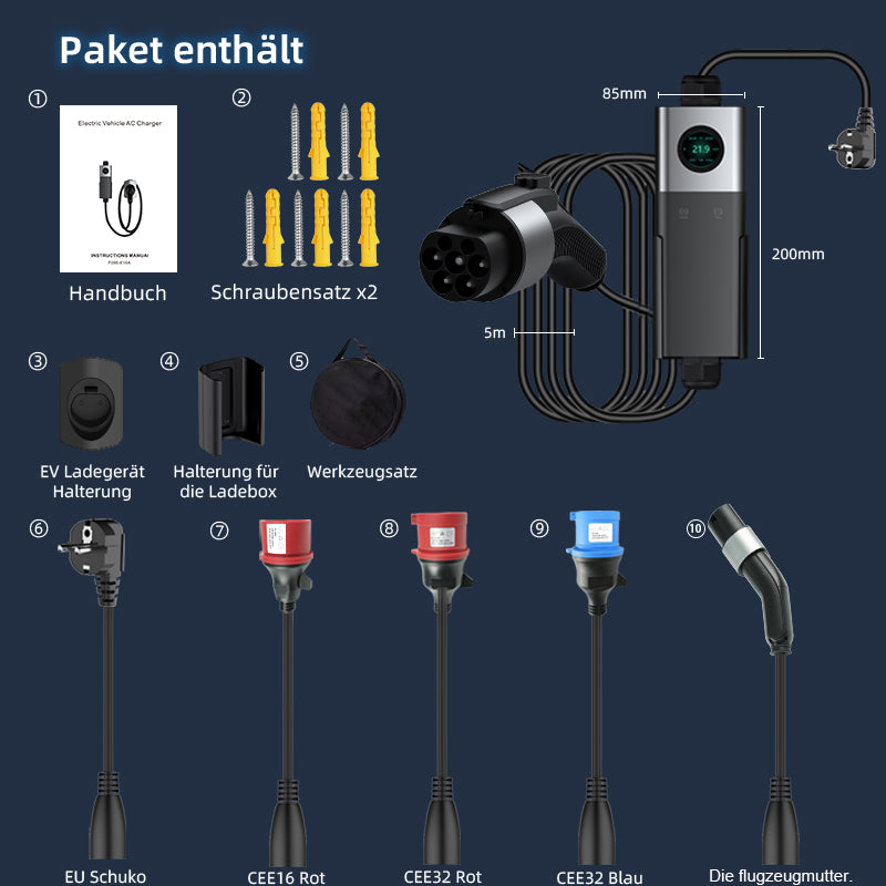 Coolladen Traveller-Set,Mobile Wallbox WiFi mit APP, Aufladen bis zu 22kW, EV Ladegerät Typ 2, 5M Kabel, Touchscreen Display, Einstellbare Stromgröße mit Schuko 16A/CEE 32A Rot/CEE 16A Rot/CEE 32A Blau/Typ 2 Socket