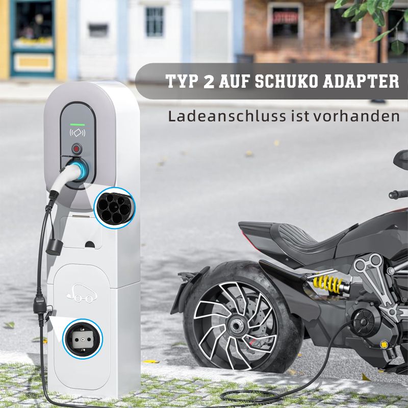 Adapter Typ 2 auf Schuko Elektroauto Ladestecker, 16A, 0,5/4M. Einfaches Laden an Ladestationen/Wallboxen, Nutzung von 230V Ladegeräten für E-Bike, E-Scooter, Motorrad, IP55