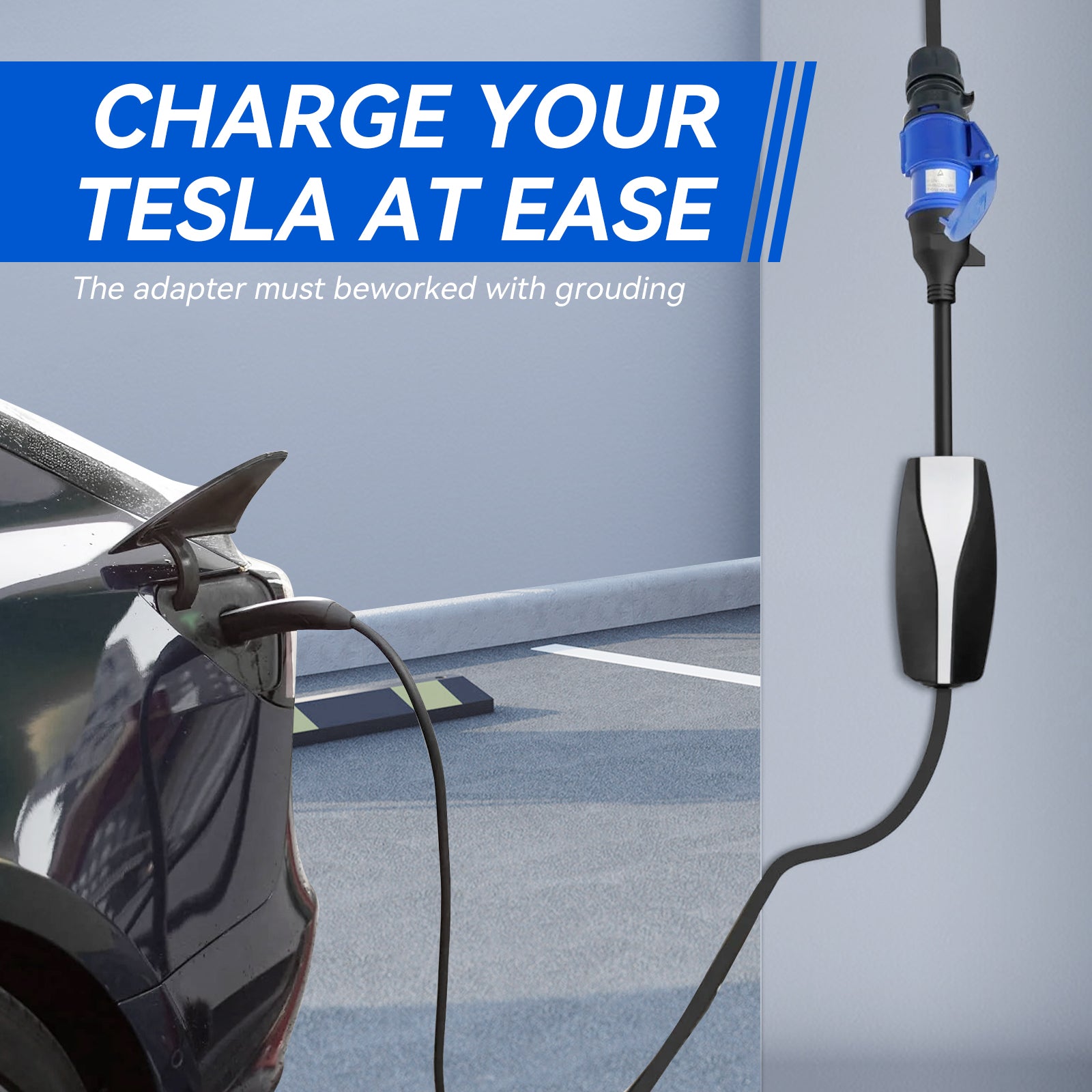 3 Pin Blauer CEE Adapter für Tesla Gen 2 Mobile Charger, Tragbares EV Ladegerät Verlängerungskabel zu 240V Steckdose bei 32A, Kompatibel mit Tesla Model 3/S/X/Y