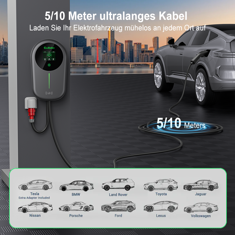 Coolladen EV Ladegerät Smart APP Mit 32A Typ 2 11kW Heim Ladestation ,Wallbox 5/10m Ladekabel Mit Ladegerätehalter App-Steuerung CEE 3-Phasen Stecker Für Alle EVs Und PHEVs