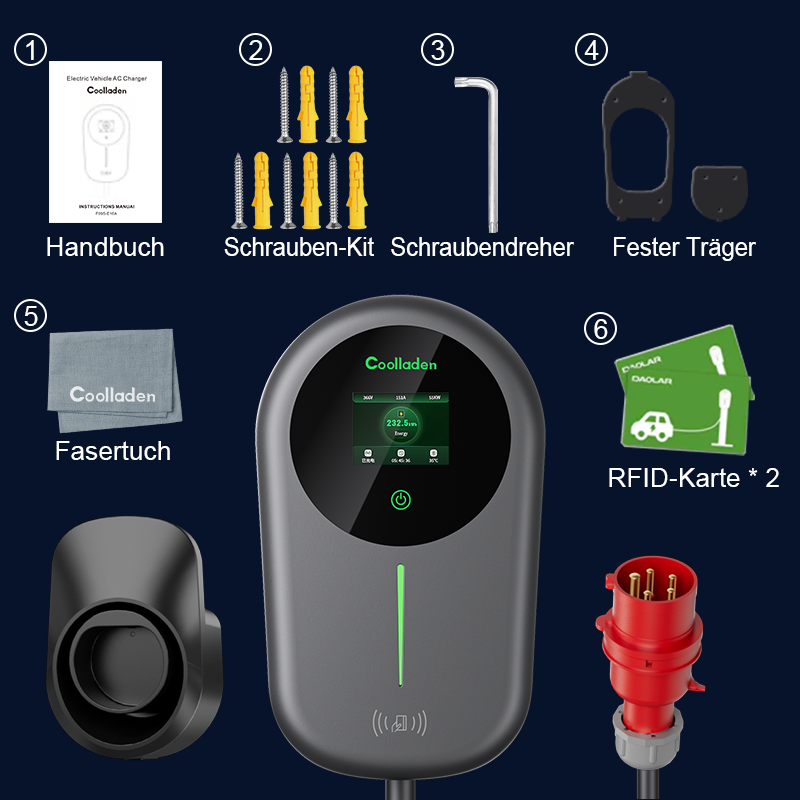 Coolladen EV Ladegerät Smart APP mit 32A Typ 2 22kW Heim Ladestation ,Wallbox 5/10m Ladekabel mit Ladegerätehalter App-Steuerung CEE 3-Phasen Stecker für Alle EVs und PHEVs