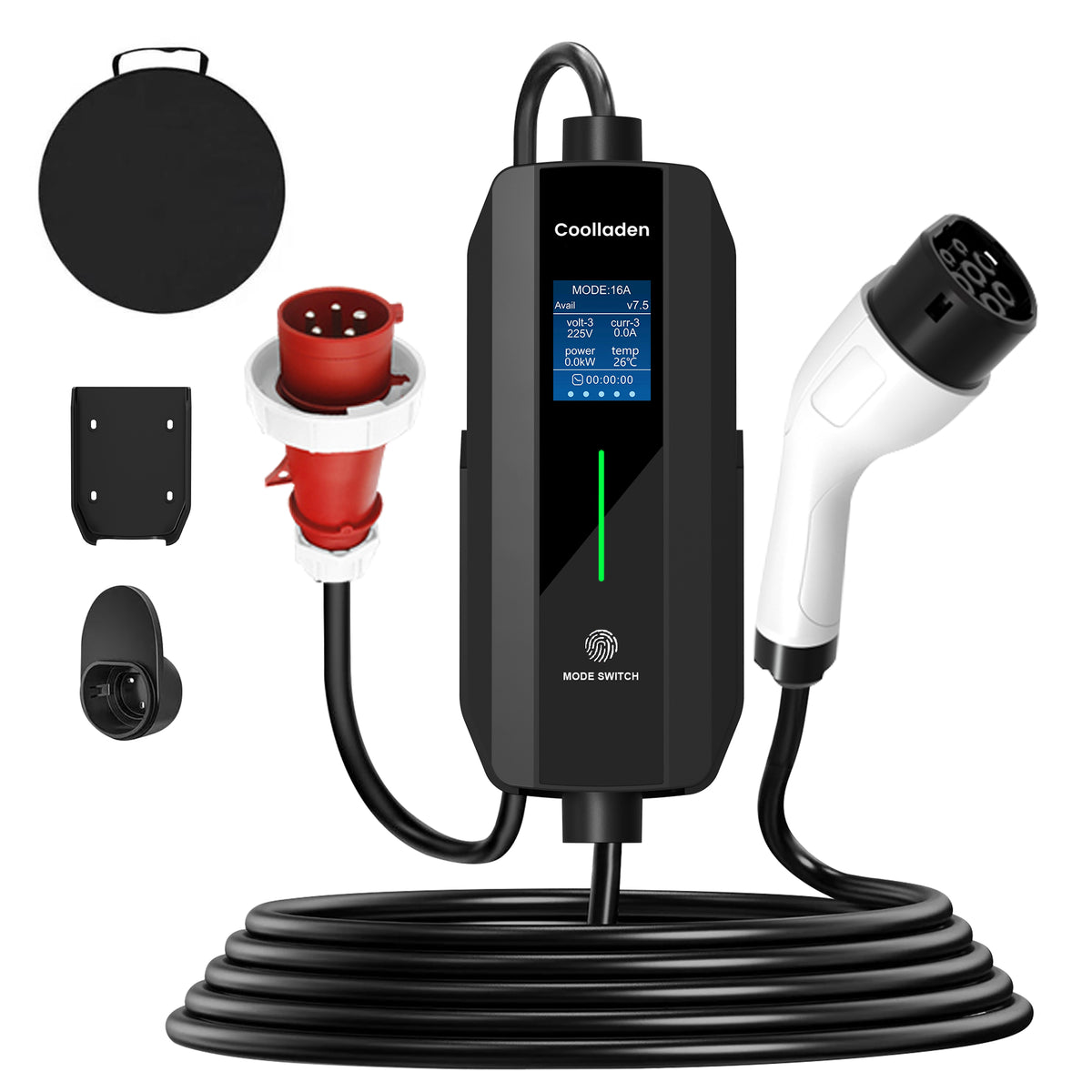 Coolladen 11kW mobiles Typ 2 EV-Ladegerät, 16A dreiphasig, IP55 wasserdichte mobile Wallbox mit Wandhalterung für BEV & PHEV