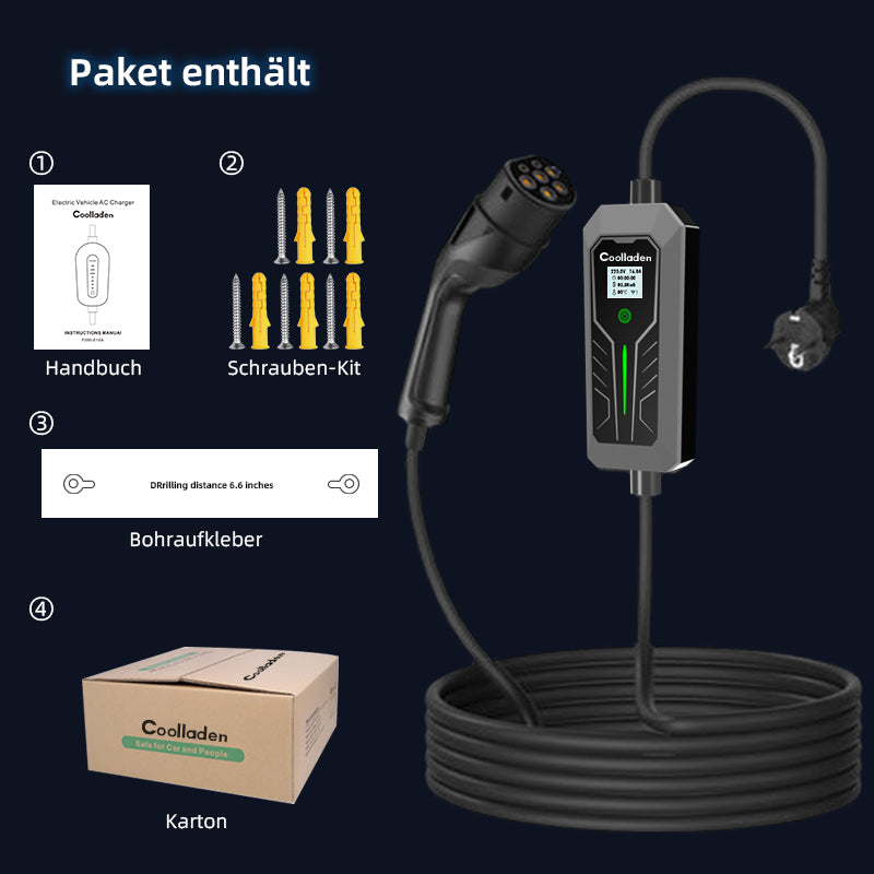 CoolladenTyp 2 Ladekabel Schuko 3.5W[1-phasig, 3/5/10m, 6-16A], EV Chargers mit Steuerbarer Digitalanzeige für Elektroauto, Ladegerät mit OLED Bildschirm für i3, e-Up, ID.3, ID.4, Zoe, fortwo, Kona und andere