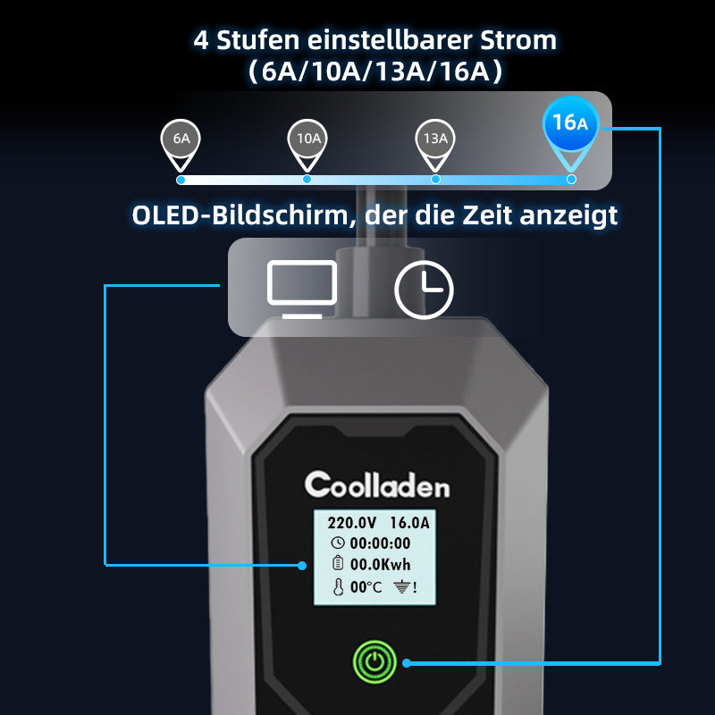 CoolladenTyp 2 Ladekabel Schuko 3.5W[1-phasig, 3/5/10m, 6-16A], EV Chargers mit Steuerbarer Digitalanzeige für Elektroauto, Ladegerät mit OLED Bildschirm für i3, e-Up, ID.3, ID.4, Zoe, fortwo, Kona und andere