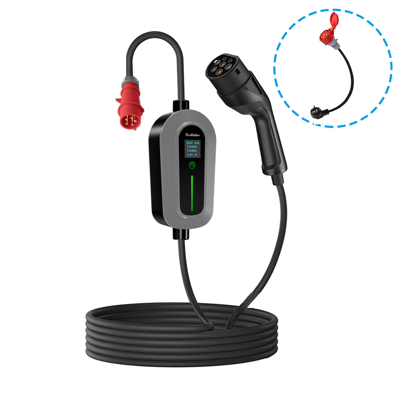 Coolladen Ladekabel Typ 2 CEE Stecker 11 KW [3-Phasig|5m|6-16A] Mit Einstellbarer Ladeleistung,Ladestation Und EV-Ladegerät Für ID.3/4/5, E-Up, E-Tron, Zoe Und Andere EV