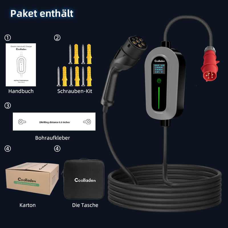 Coolladen Ladekabel Typ 2 CEE Stecker 11 KW [3-Phasig|5m|6-16A] Mit Einstellbarer Ladeleistung,Ladestation Und EV-Ladegerät Für ID.3/4/5, E-Up, E-Tron, Zoe Und Andere EV