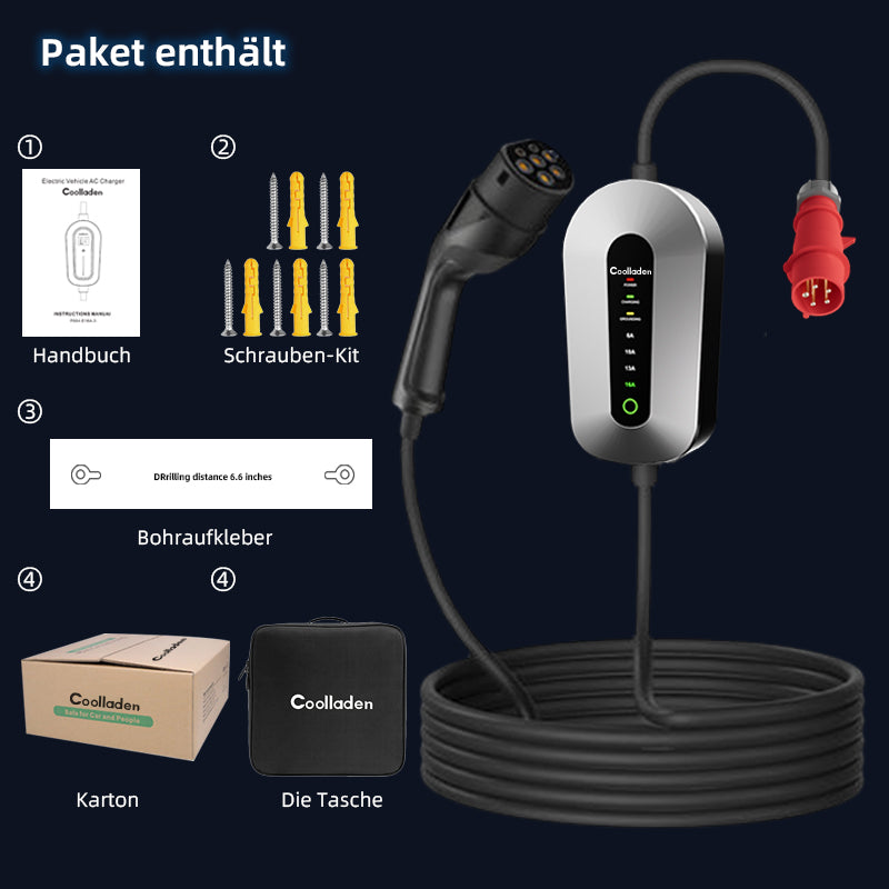 Coolladen Ladekabel Typ 2 CEE Stecker 11 KW [3-Phasig|3/5m|6-16A] Mit Einstellbarer Ladeleistung,Ladestation Und EV-Ladegerät Für ID.3/4/5,E-Up, E-Tron, Zoe Und Andere EV