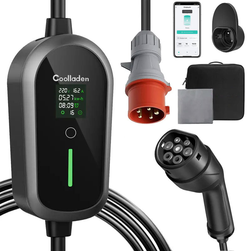 Coolladen Mobile Wallbox 11kW  mit APP Wlan & Bluetooth Ladekabel CEE 16A auf Typ 2 mit Einstellbarer Ladeleistung für Elektroauto, EV Ladegerät für 3008/508, C5X, DS7, GLA, Q3, X3, ZOE, ID.3, ID.4 und Anderen PHEV/EV