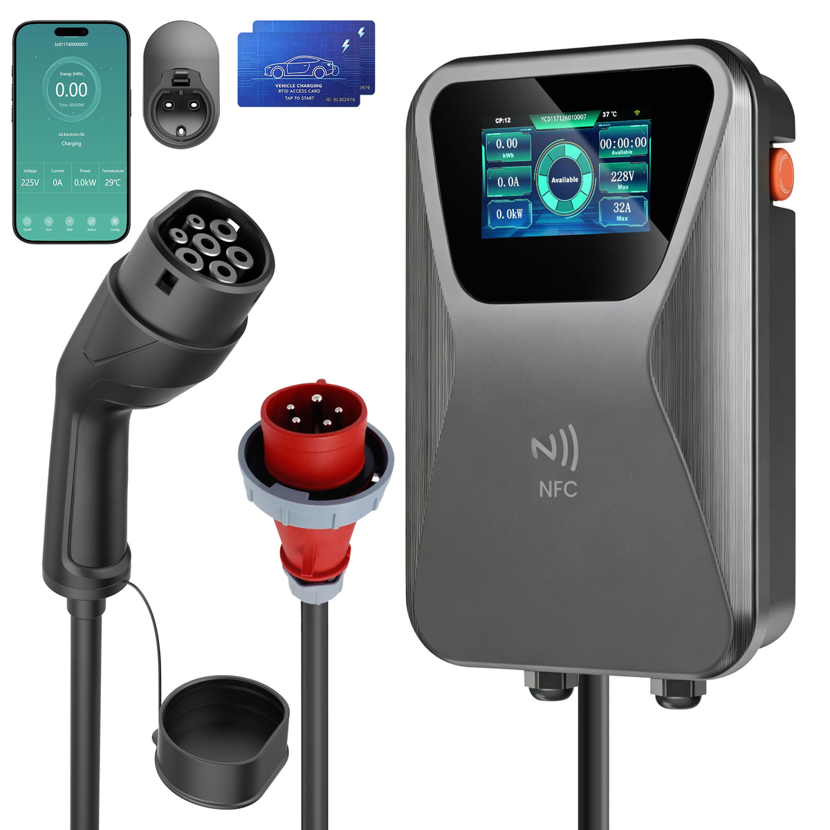 Coolladen 11kW/22kW Festinstallierte Wallbox Typ 2 – OCPP 1.6J Smart Ladestation, RFID-Karte, WLAN/4G/Ethernet, Typ B FI-Schutz (AC 30mA + DC 6mA) Elektroauto Wandladestation
