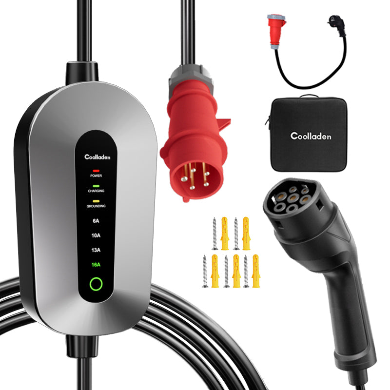 Coolladen Mobile Wallbox 11kW [3-Phasig 6-16A] Typ 2 Ladekabel CEE 16A auf Typ 2 mit Einstellbarer Ladeleistung für Elektroauto, EV Ladegerät für 3008/508, C5X, DS7, GLA, Q3, X3, ZOE, ID.3, ID.4 und Anderen PHEV/EV