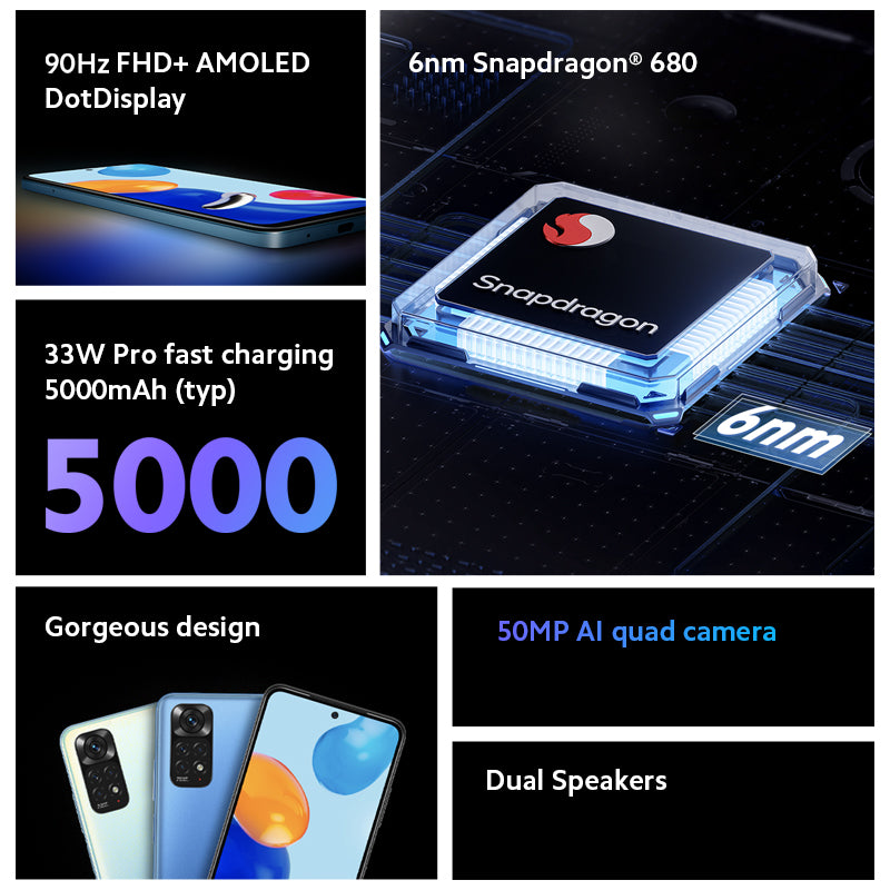 Redmi Note 11 NFC Smartphone 4GB+64GB 6nm Snapdragon® 680-Prozessor 6.43 Zoll 90Hz AMOLED FHD+ Dotdisplay 50MP Kamera 5000mAh Akku EU Version
